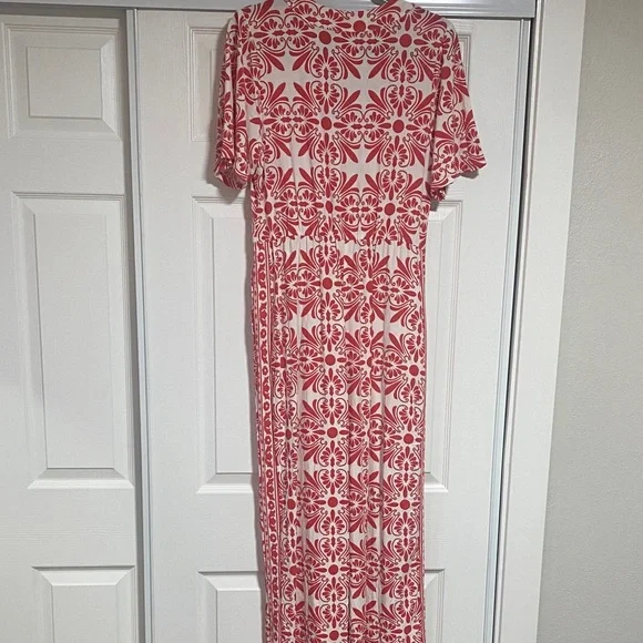 Anthropologie FARMRIO Linen Blend Red and White Patterned Jumpsuit